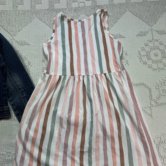 The Children's Place Blue Denim Jacket with Pink, Green & Brown Striped Dress - Picture 8 of 13